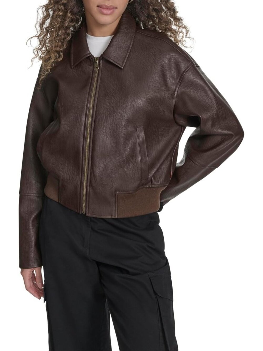 Women's Dark Brown Faux Leather Laydown Collar Two Hidden-Zipper Bomber Jackets